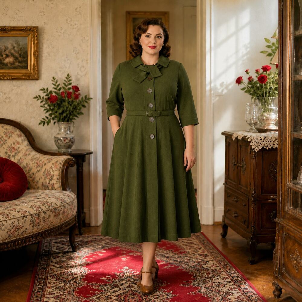 50s Vintage Olive Green Bow Collar Belted Day Dress Brentshire ILGWU - XL